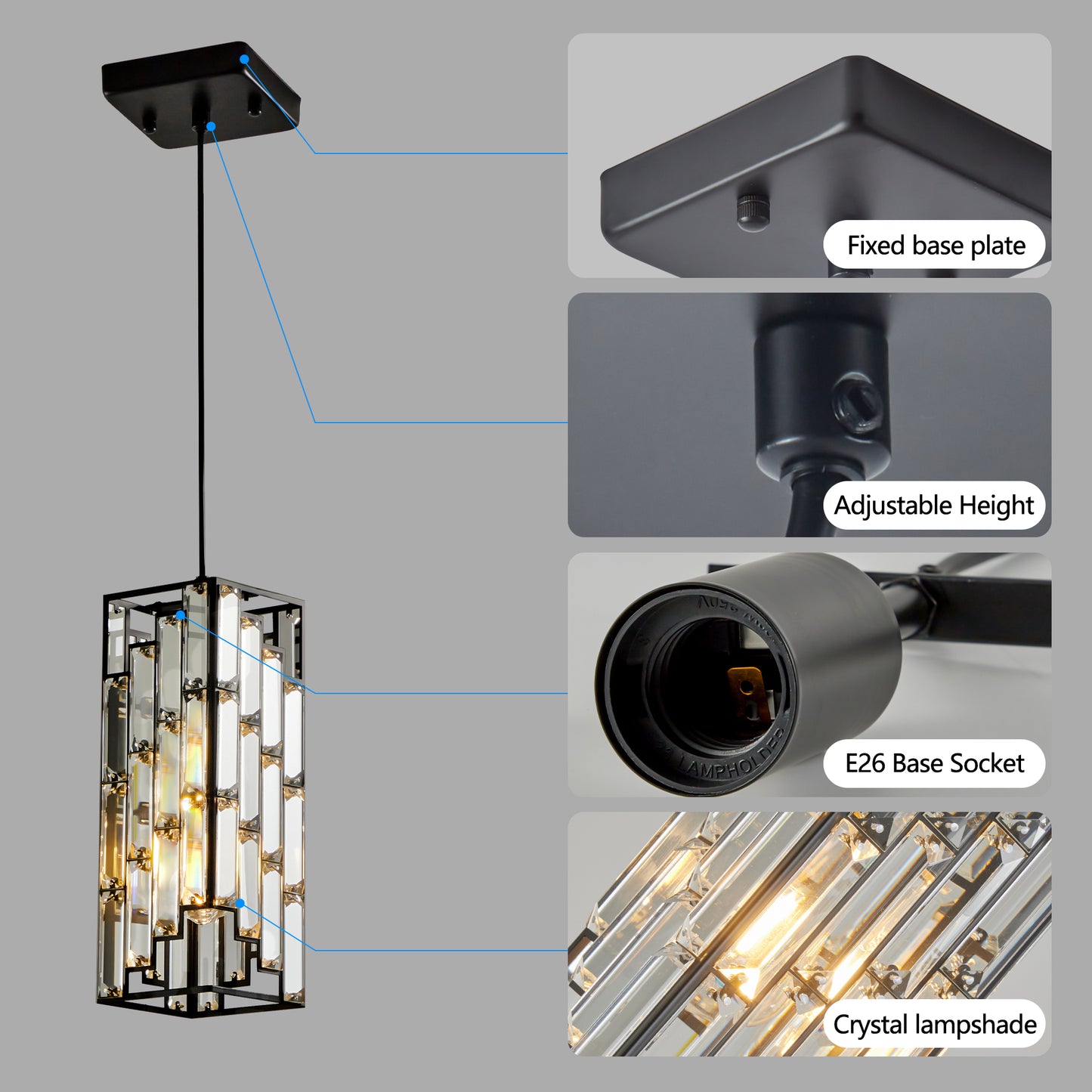 4in Modern Crystal Pendant Light - 3 Pack, Adjustable Hanging Ceiling Lamp With Crystal Prism Design For Dining Room, Kitchen Island, And Living Room -Black Finish