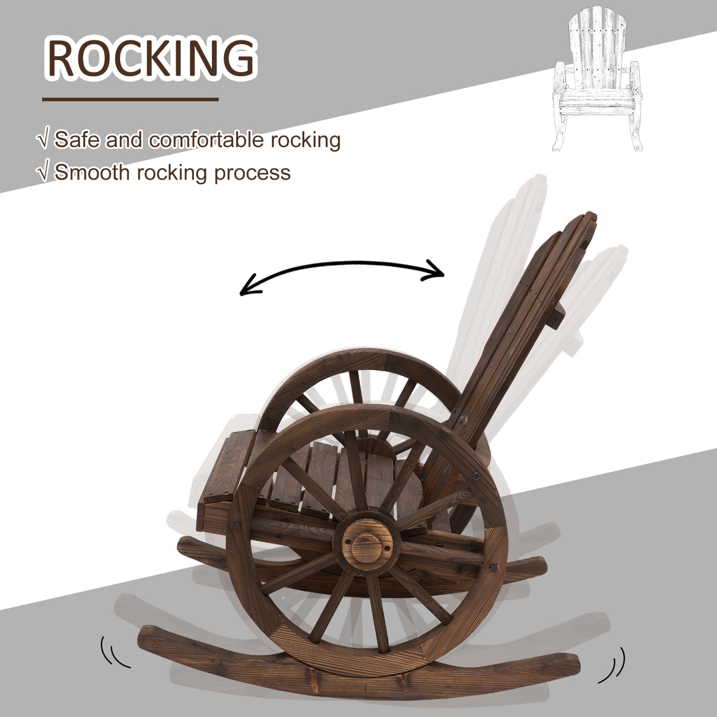 Wooden Rocking Chair, Adirondack Rocker Chair W/Slatted Design And Oversized Back, Outdoor Rocking Chair With Wagon Wheel Armrest For Porch, Poolside, And Garden, Carbonized