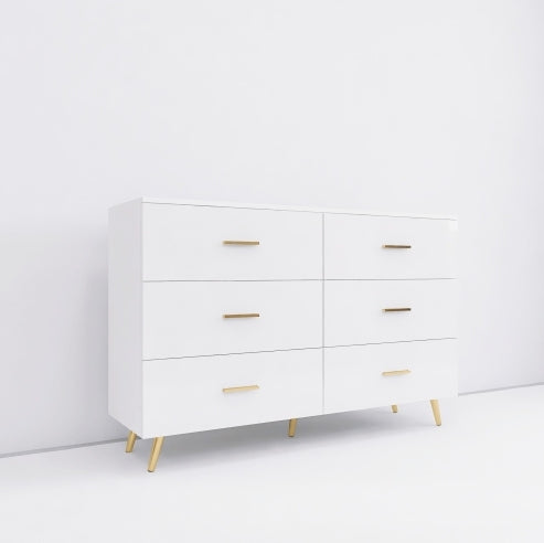 High Glossy Surface 6 Drawers Chest Of Drawer With Golden Handle And Golden Steel Legs White Color Vanity