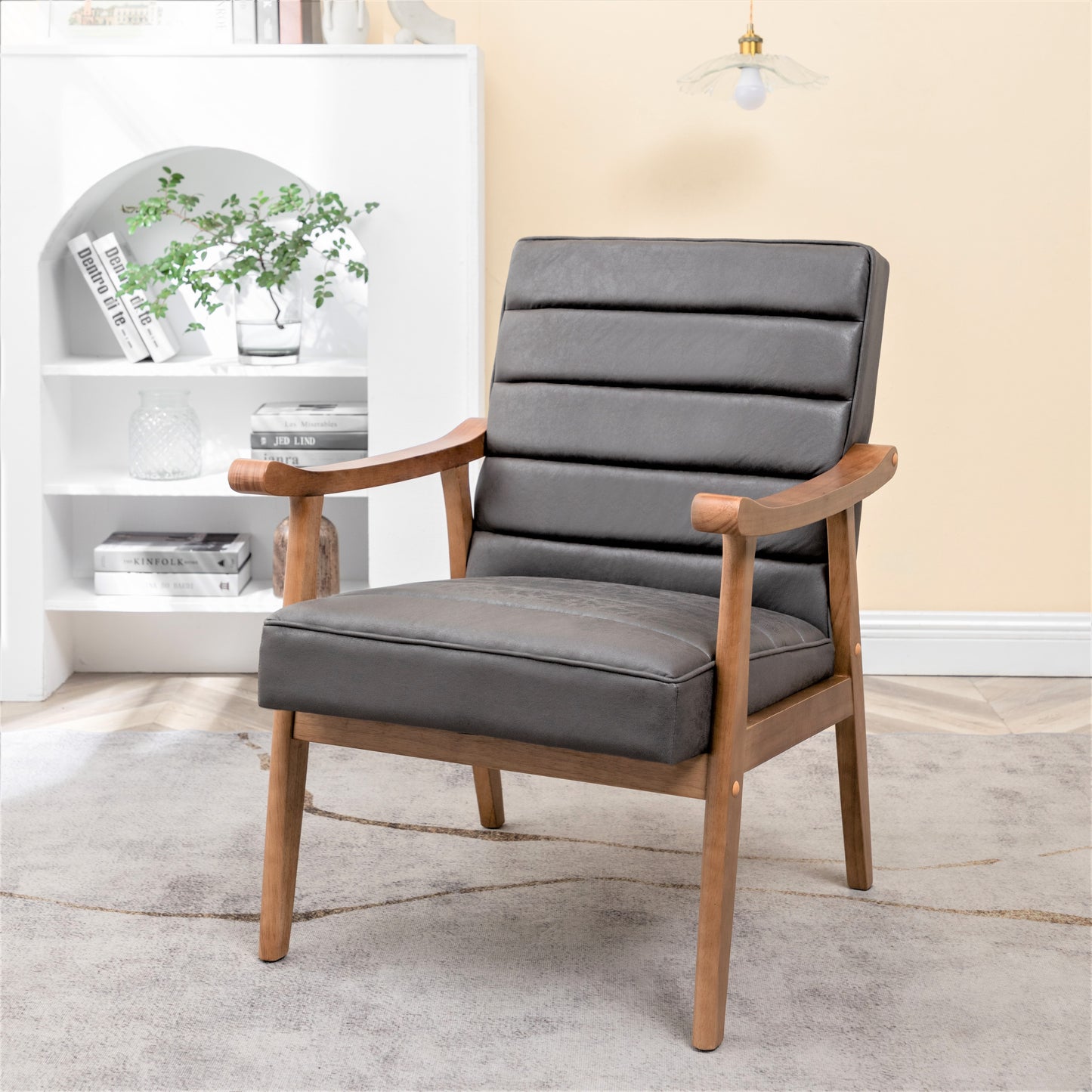 Mid-Century Modern Accent Chair, Solid Wood Frame Leather Look Microfiber Armchair With Open-Framed Arm Design, Plush Padded Seat And Back Cushion For Living Room Bedroom