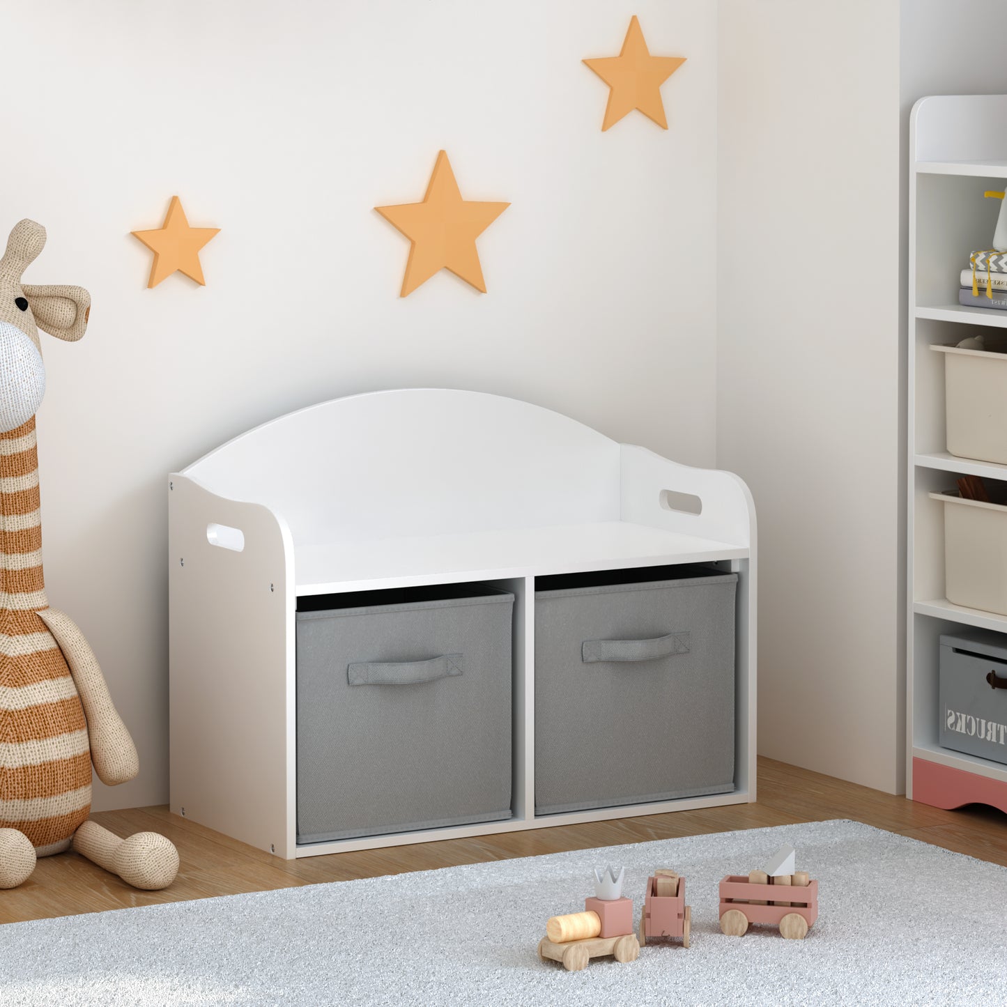 Kids Wooden Toy Box Bench With Collapsible Fabric Drawers,Toy Storage Cabinet Organizer, White