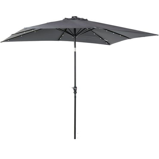 9 X 7 Ft Patio Umbrella Outdoor Table Market With Crank Solar LED Lights Tilt Button For Deck Dark Gray