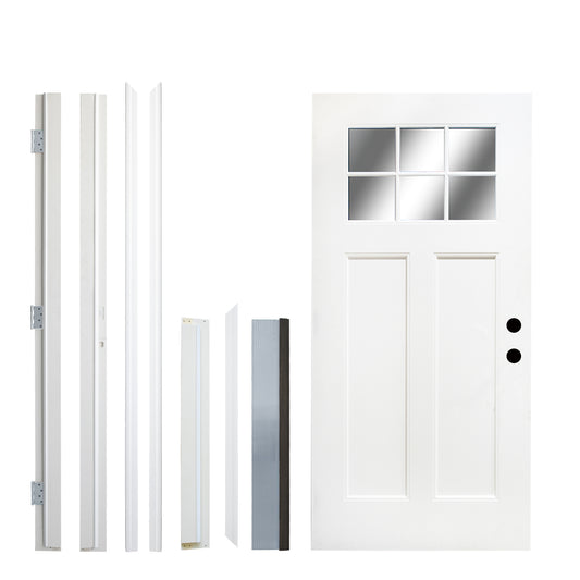 Fiberglass Entry Door, 36 X 80 Door With Brickmould,4-9-16 Vinyl Frame,White Primed, Left Hand Inswing, Front Entry Knock-Down Door, 2-Panel Craftsman, 6-Lite Low-E Glass