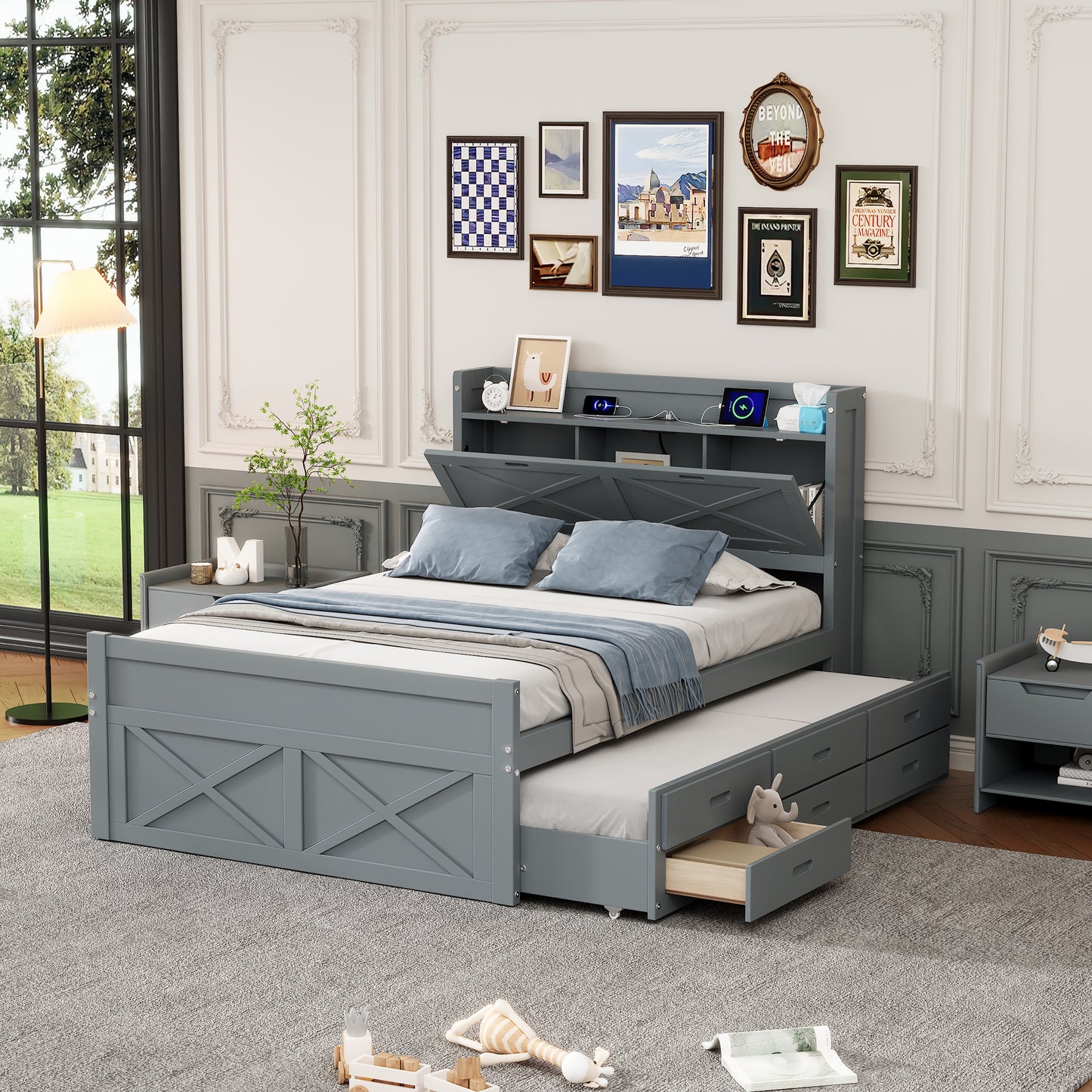 Full Size Wooden Bed With Storage Headboard With Outlets, Extendable Bed With Twin Size Trundle With Three Storage Drawers,Gray