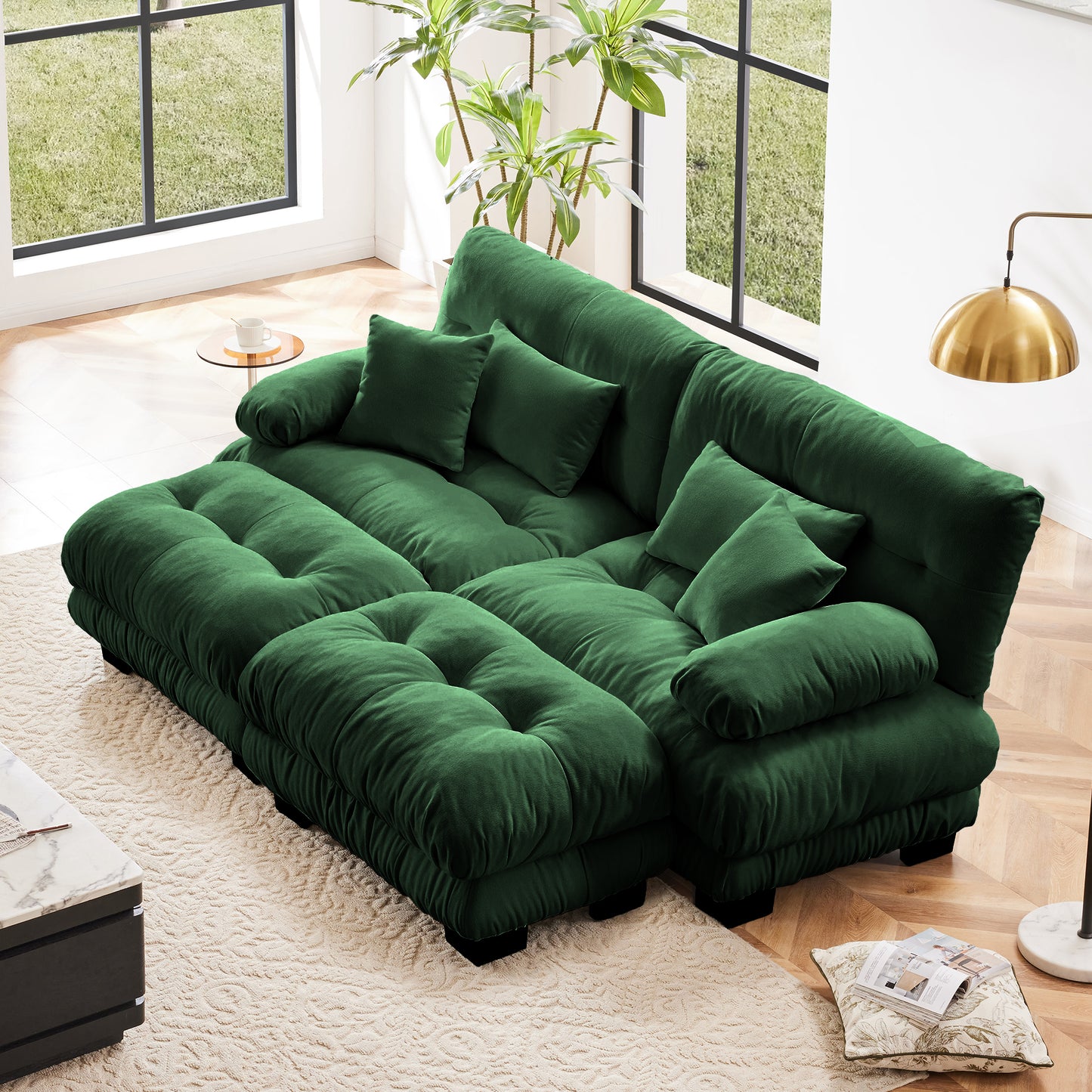 Cloud Couch Sleeper Sofa For Living Room, Chenille 2 Seater Sofa With 2 Lumbar Pillows And 2 Throw Pillows , Upholstered Wide Arm Sofa With 2 Ottomans,Chenille Green