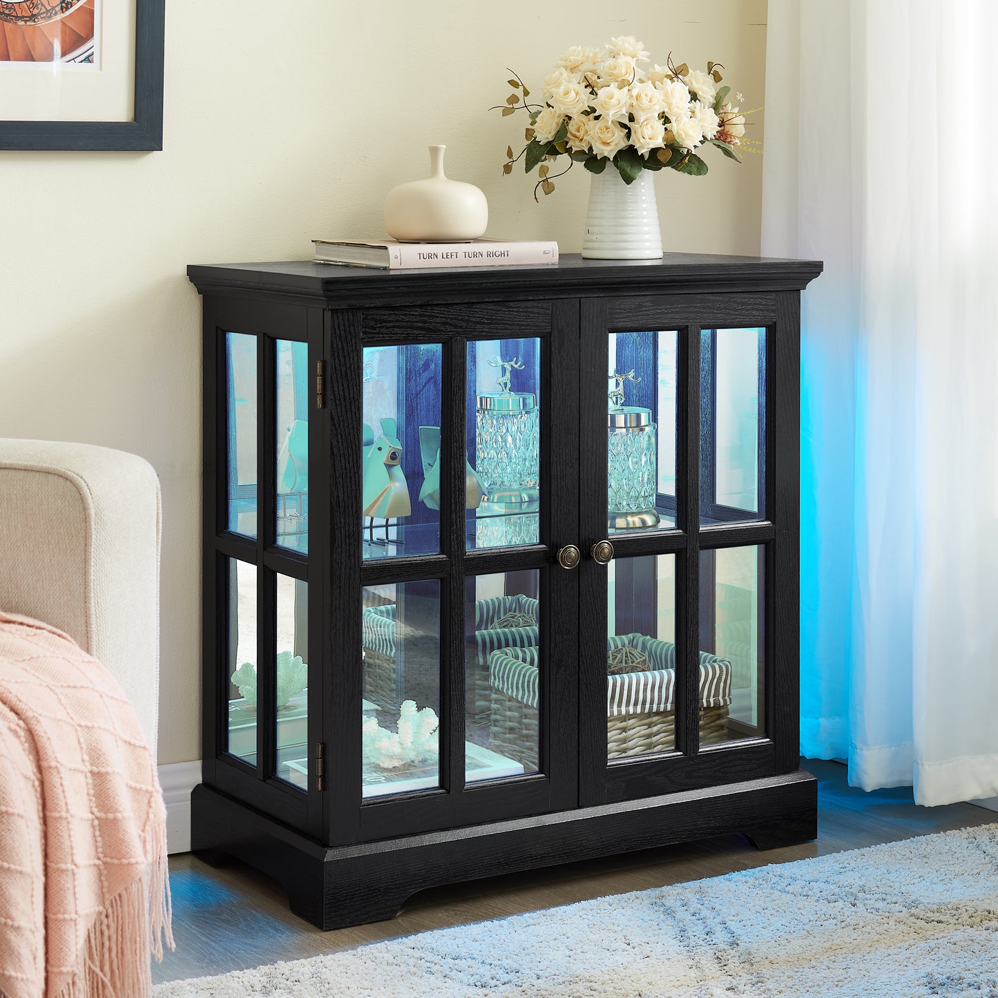 LED Curio Display Cabinet, Antique Display Cabinet With Adjustable Shelves, Retro Design Quality Showcase With Lattice Doors Elegant Bookcase And Storage Cabinet For Home Decor And Organization BLK
