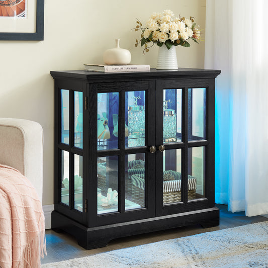 LED Curio Display Cabinet, Antique Display Cabinet With Adjustable Shelves, Retro Design Quality Showcase With Lattice Doors Elegant Bookcase And Storage Cabinet For Home Decor And Organization BLK