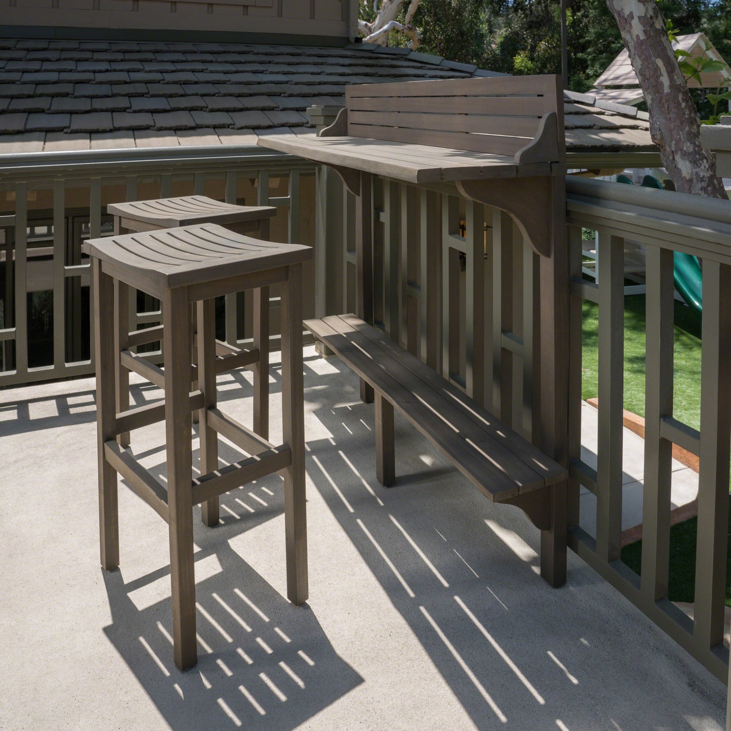 3 Piece Balcony Bar Set With Bottom Shelf Table And 2 Stools, Grey Finish