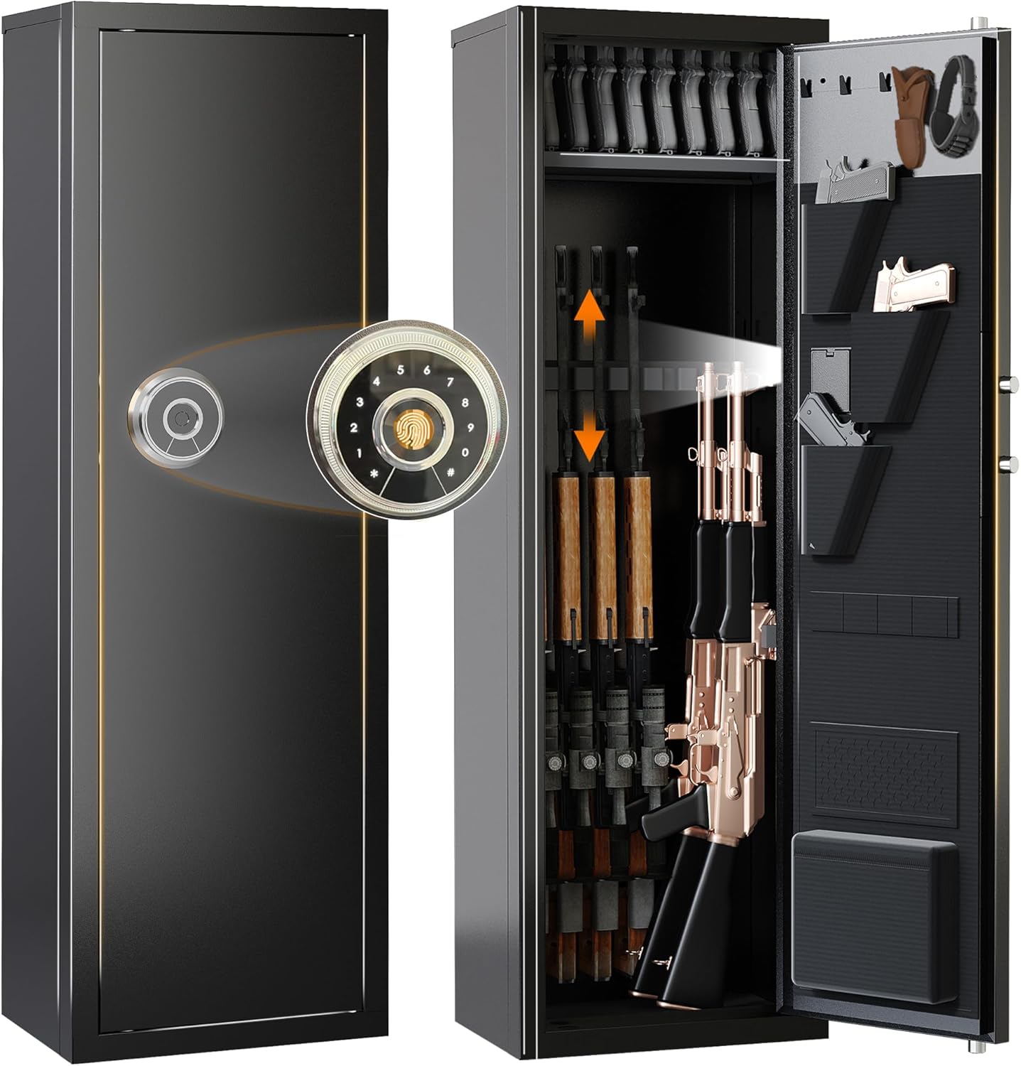 Biometric Gun Safe For Rifles And Pistols, 12-15 Large Gun Cabinet With Fingerprint & Digital Keypad, Adjustable Racks And Door Organizer, Cold-Rolled Steel, Black