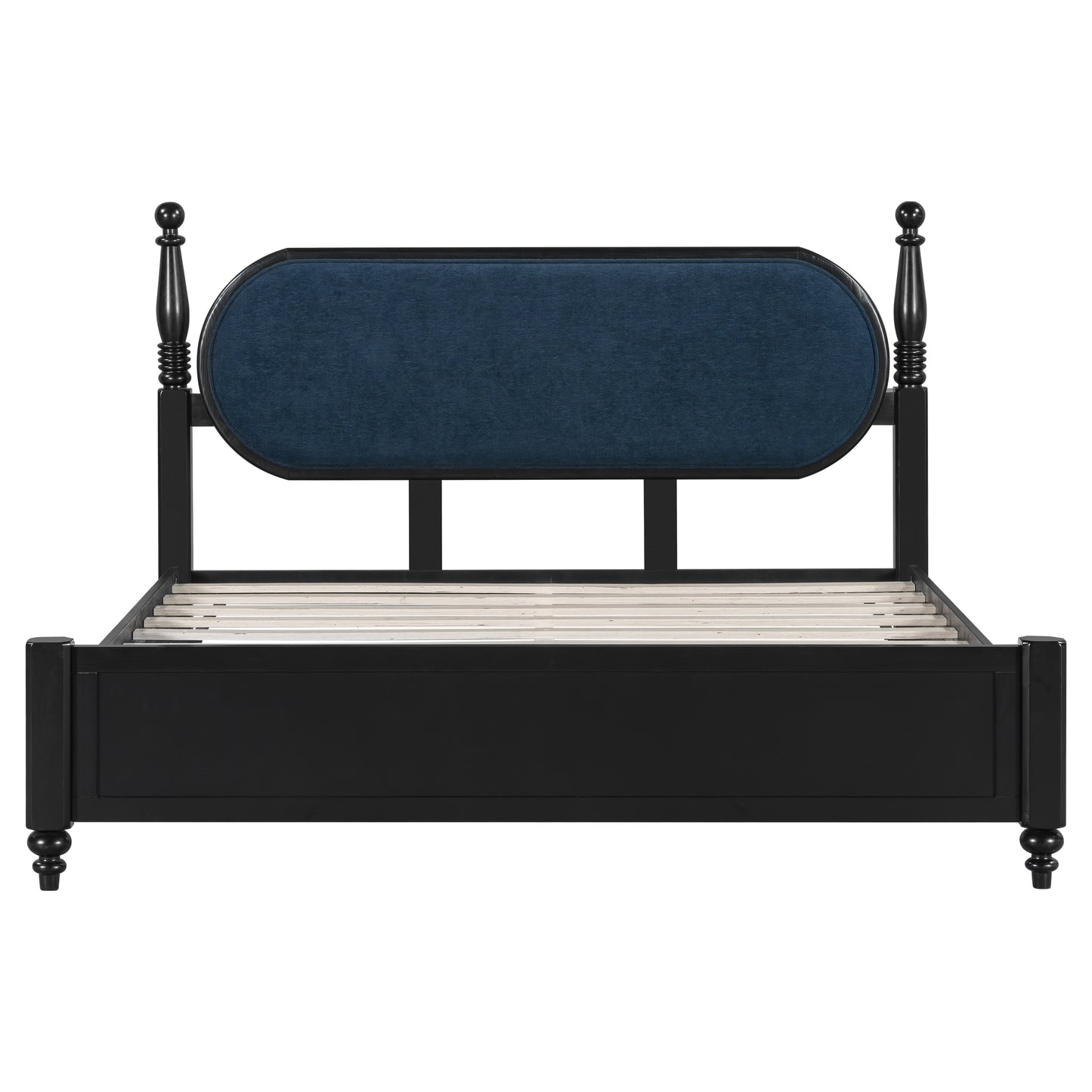 Queen Bed Frame, Solid Wood Platform With Slats, Navy Blue & Black Upholstered Headboard, Modern No Box Spring Needed