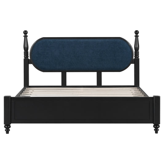 Queen Bed Frame, Solid Wood Platform With Slats, Navy Blue & Black Upholstered Headboard, Modern No Box Spring Needed