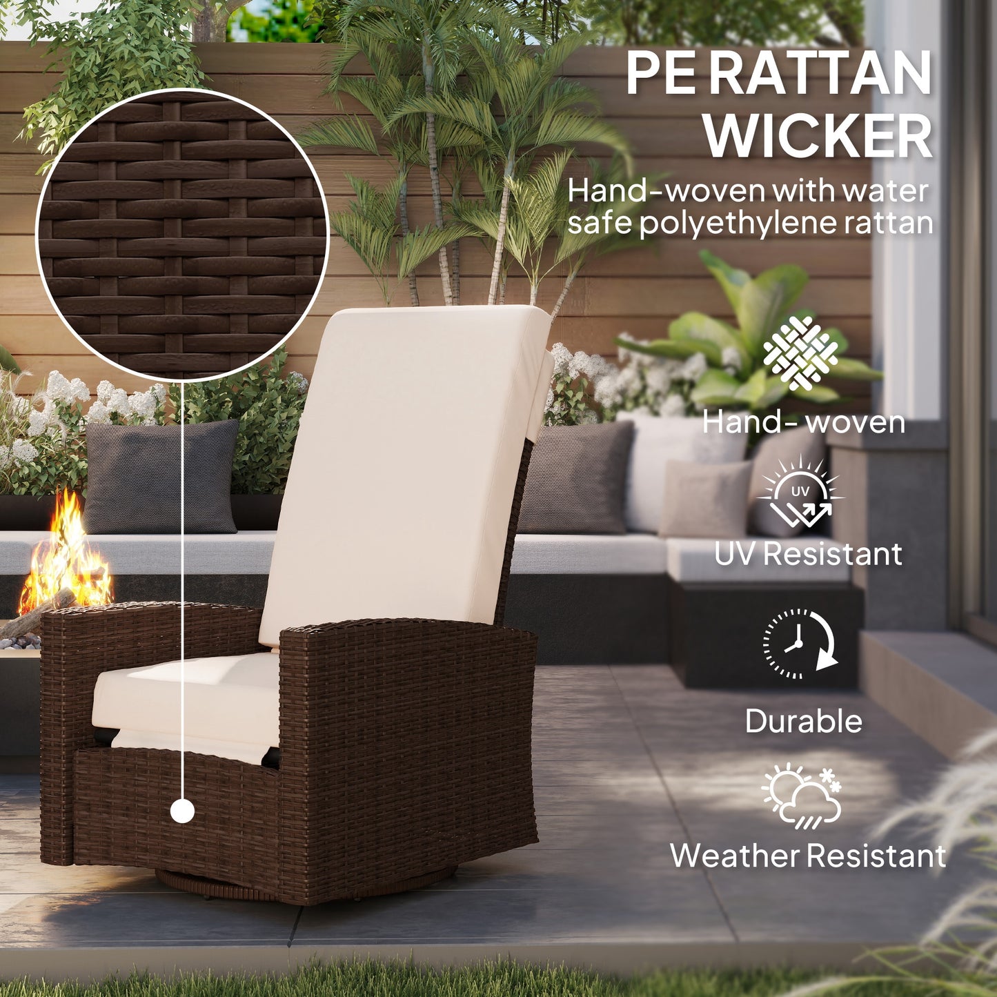 Outdoor Wicker Swivel Recliner Chair, Lifting Footrest, 360° Rotating Basic, Water-resistant Cushions, Cream White