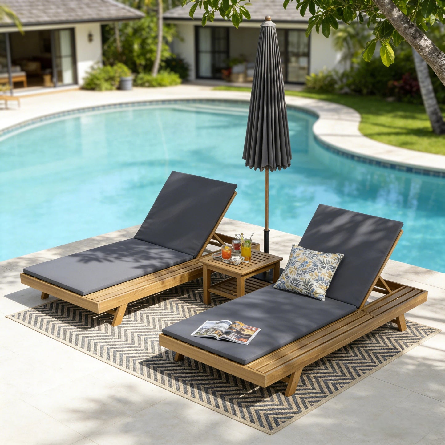 Lounge Chaise Set, Space Available On One Side, Acacia Wood In Light Brown With Water-Resistant Lounge Cushions  Dark Grey & 2 Inch Thick  -Matching Cream Leaf Coconut Version Available