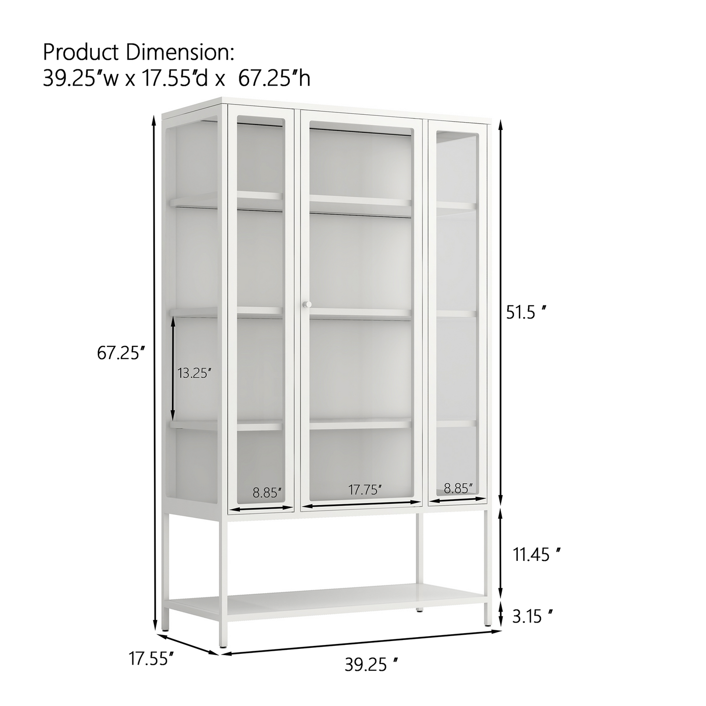 67.25  Tall Iron Display Cabinet With Glass Door And LED Lights Steel Curio Cabinet For Collectibles Figures Trophies 3-Sided Glass Display Case For Home Office Study Room Stores Playroom - White
