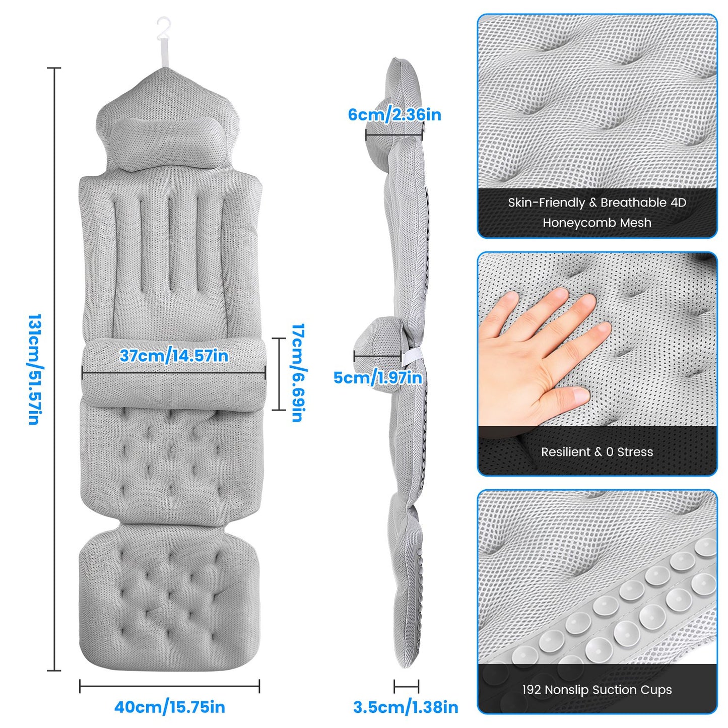 1Pc Full Body Bath Pillow With Headrest Lumbar Support Quick-Drying Bathtub Cushion With Breathable 4D Honeycomb Mesh Cushion Nonslip Machine Washable