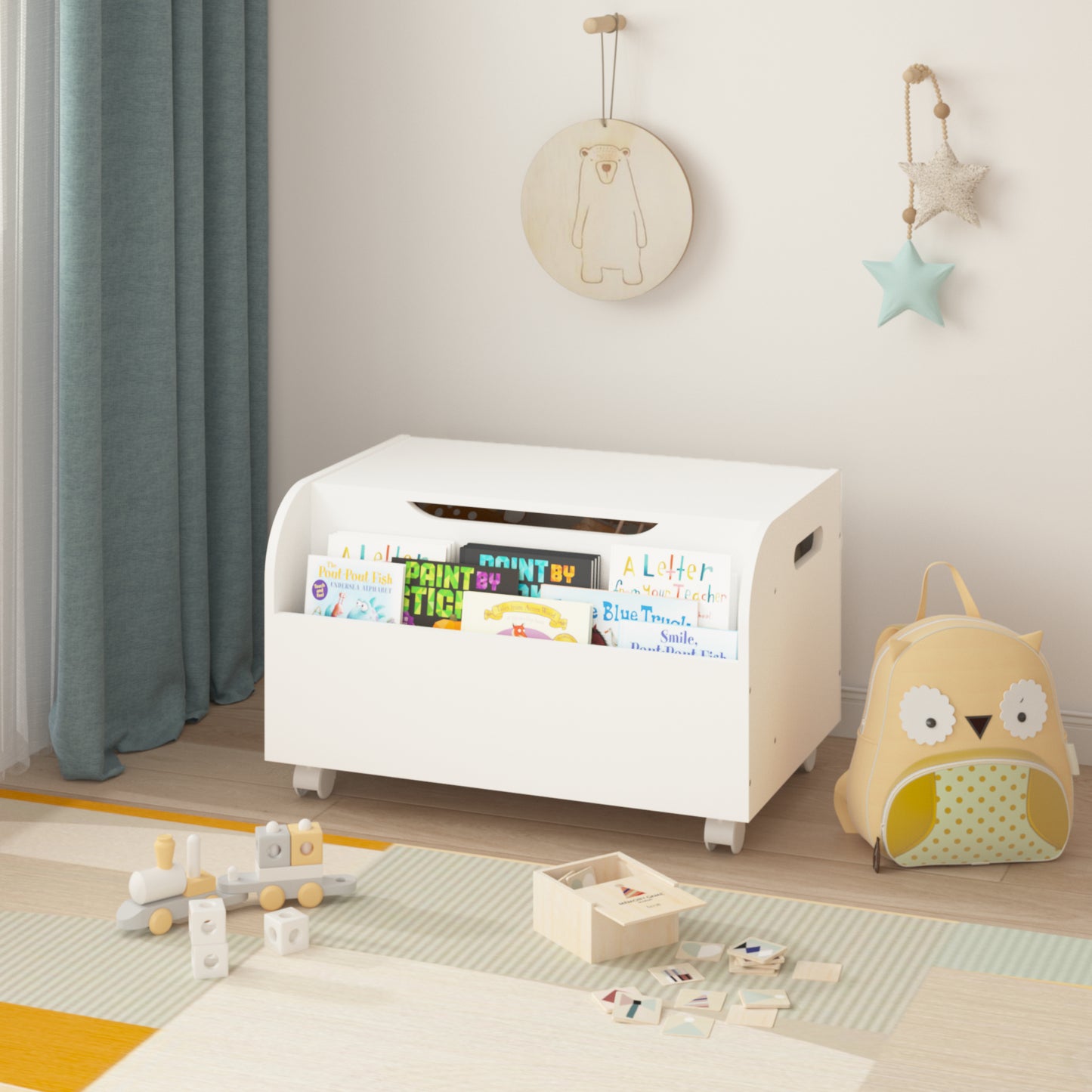 Wooden Toy Box With 4 Universal Wheels, Kids Toy Storage Organizer With Front Bookshelf, Flip-Top Lid, Safety Hinge, Boys Girls Toy Chest Bench For Playroom Kids Room Organization White