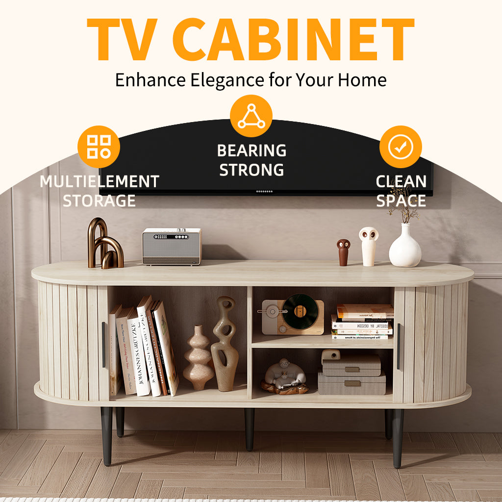 TV Stand, 47 Modern TV Console Table With Storage Compartment And Sliding Door, Gaming Entertainment Center With Cabinet For Living Room, Bedroom, Office Natural Wood Color