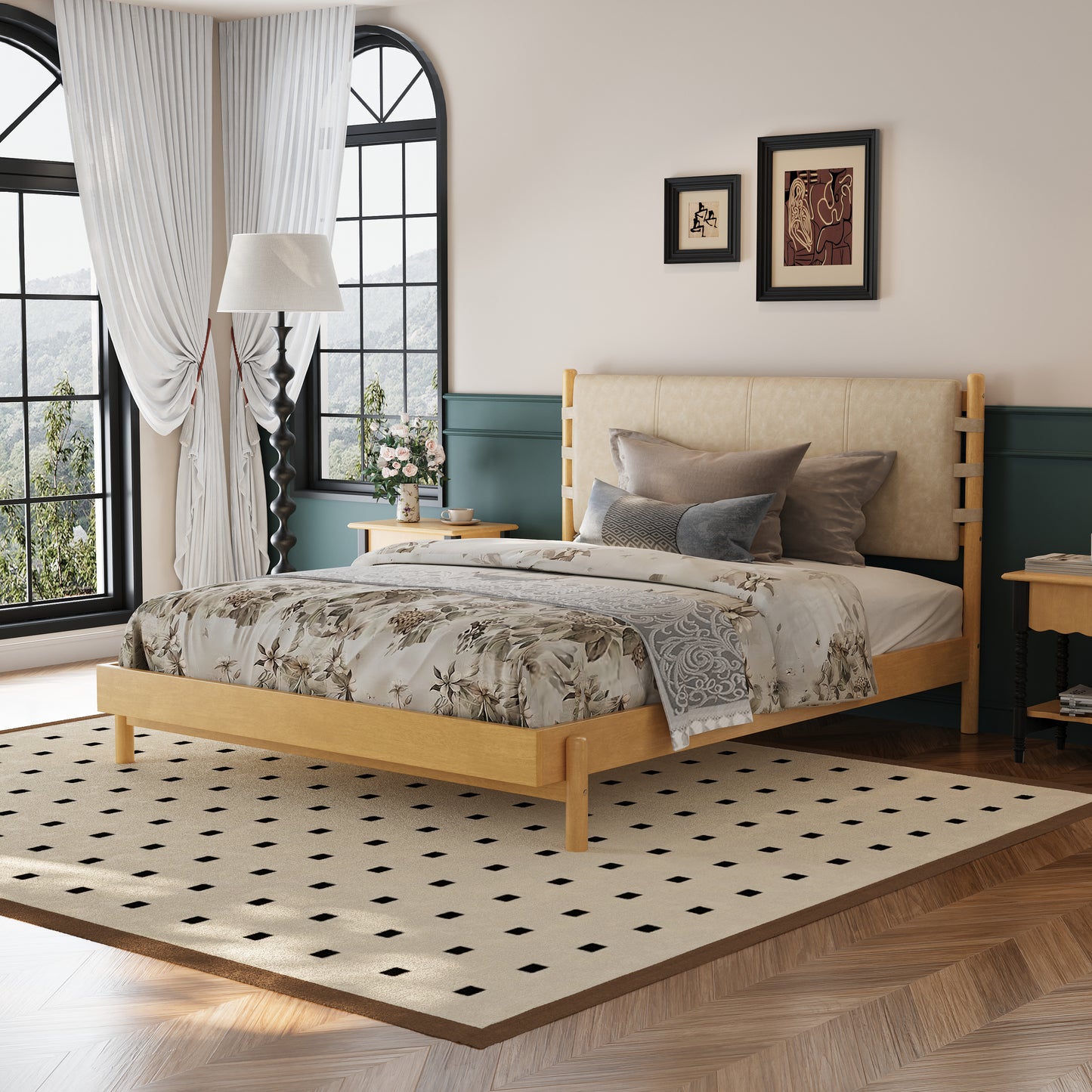 Premium Rubber Wood Platform Bed Frame, Queen Bed Frame With Headboard Included, Mid Century Modern Bed With Beige Color