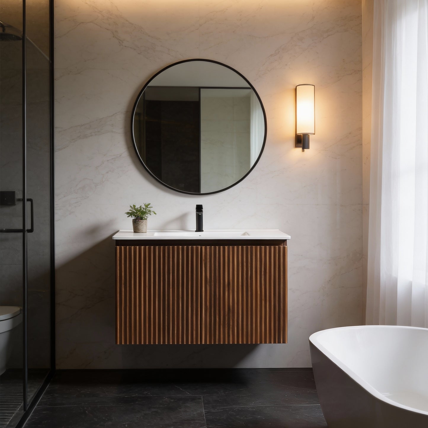 30inch Walnut Folding Wall Cabinet With Creamic Sink- Patented 1-Minute Install  Space-Saving & Easy Assemble Modern Style
