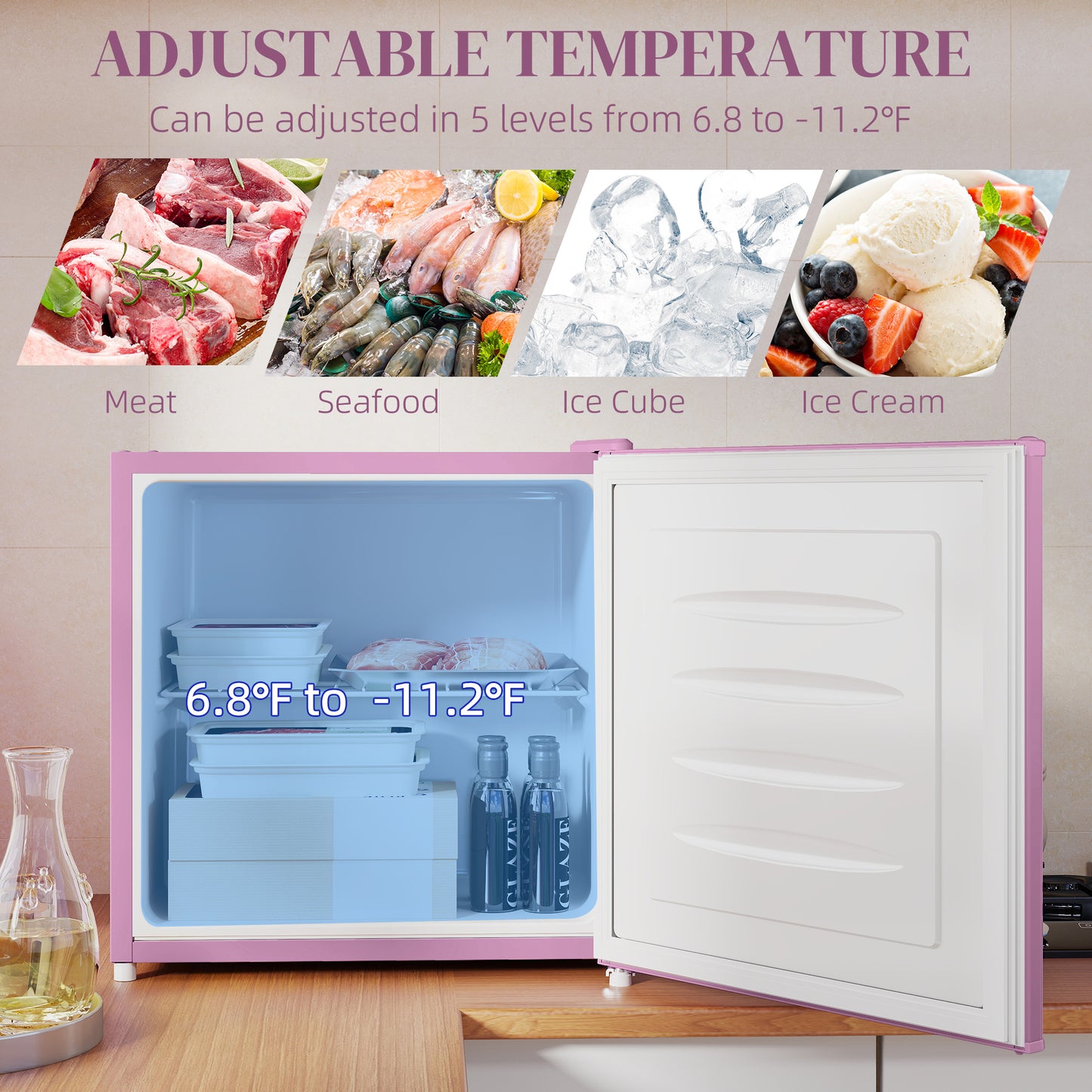 1.1 Cu.Ft Countertop Mini Freezer, Compact Upright Freezer With Removable Shelves, Pink