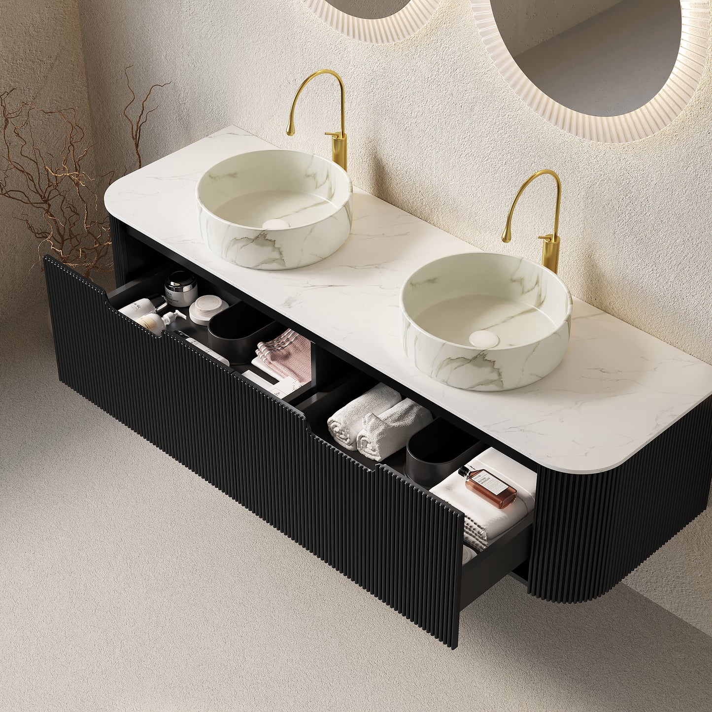 DINA 60  Bathroom Vanity&Sinks, Floating Curved Edges Striped Storage Cabinet With 2 Drawers, 2 Matte Stone White Round Ceramic Basins&Carrara White Sintered Stone Top, Pre-assembled, Black Color