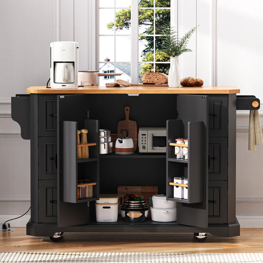 K&K 56 Inch Kitchen Island With Rubber Wood Veneer Drop Leaf, Power Outlet, 4 Door Shelves, Embossed Vertical Stripe Rolling Kitchen Cart On 4 Wheels With 6 Deep Drawers For Kitchen, Dining Room,Black
