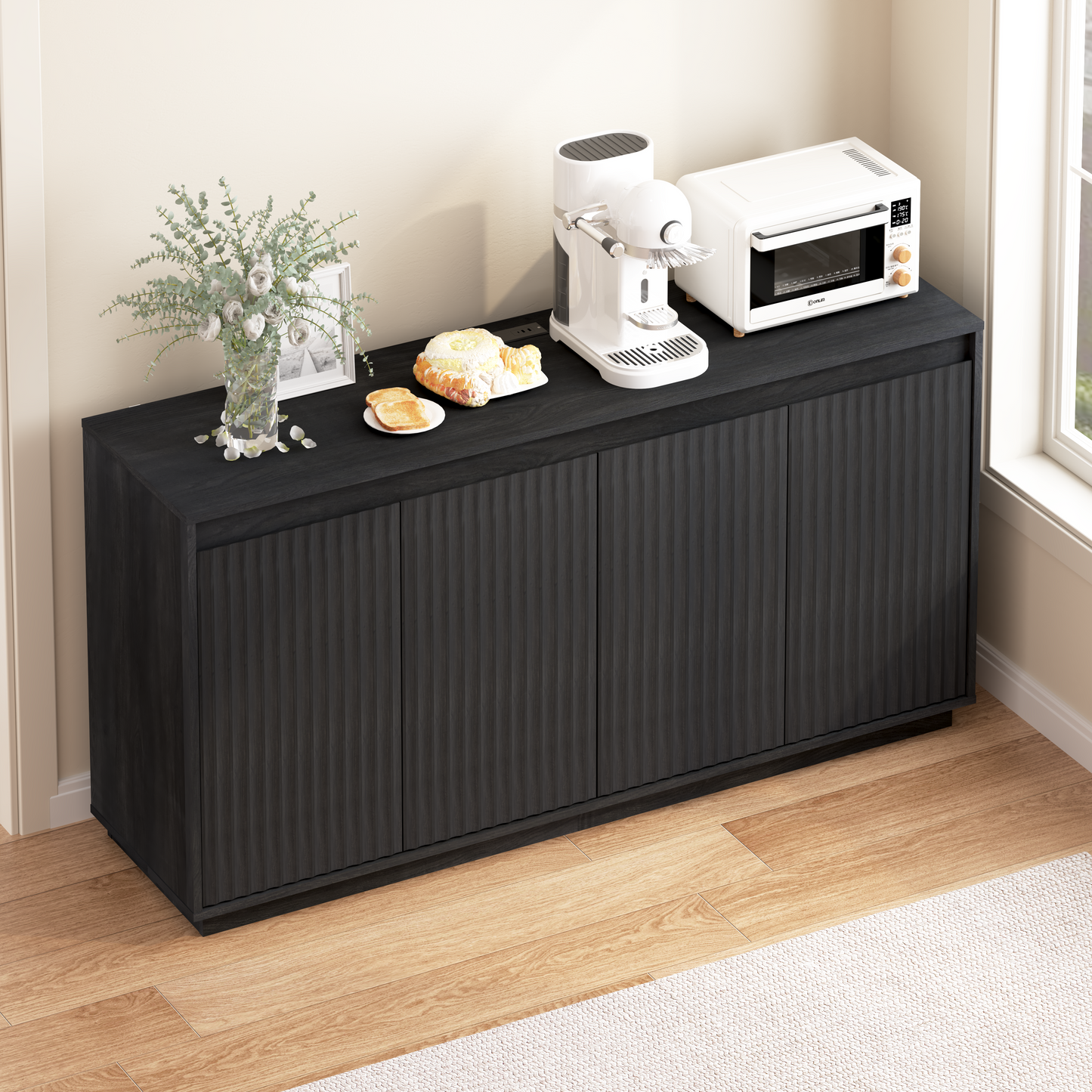 4 Door Black Wood Sideboard Buffet Cabinet With Power Outlet, Wavy Vertical Texture Accent Cabinet With No-Handle Design  Door Top Edge As Handle , Freestanding Kitchen Storage Cabinet For Dining Room