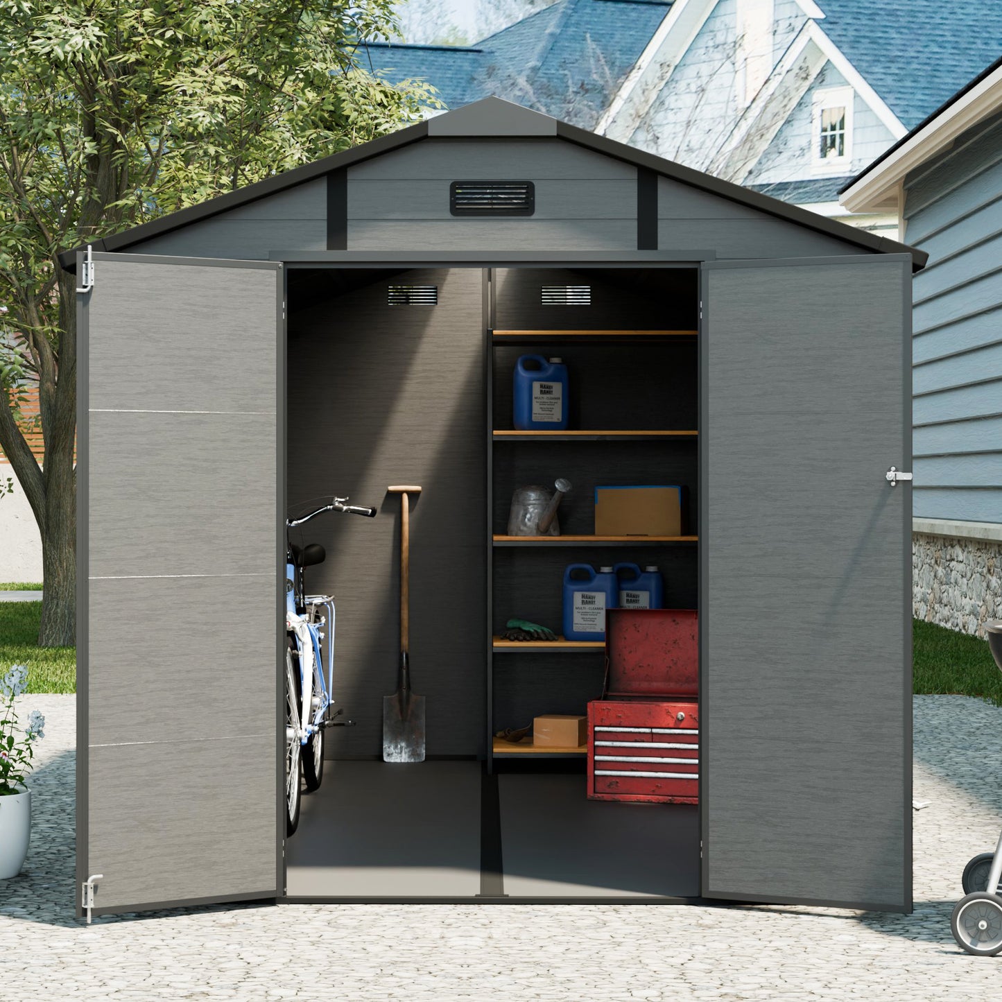 8x10 FT Plastic Outdoor Storage Shed - Lockable Resin Tool Shed With Window & Floor, Dark Gray