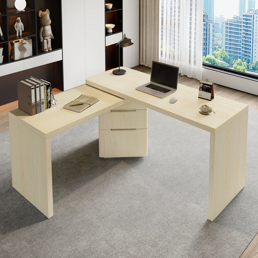 90 Modern L Shaped Desk In Natural Wood With 3 Drawers,360 Wood Rotating Desk,Executive Office Desk,Corner Desk,Office Study Workstation,for Home Office Or Living Room