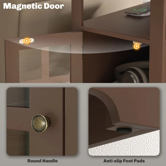 Narrow Side Table End Table With Charging Station, USB Ports, Modern End Table With Storage For Living Room, Brown