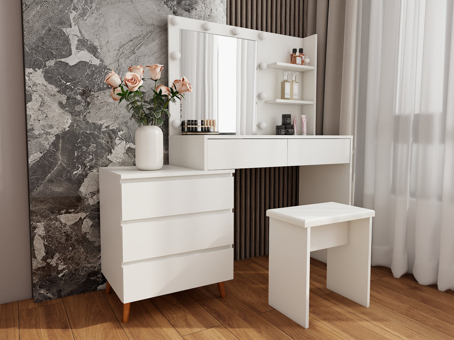 LED Lighted Makeup Vanity Table With Mirror - White Beauty Station With Storage Drawers, Matching Stool, And Organizing Compartments For Makeup Brushes And Cosmetics