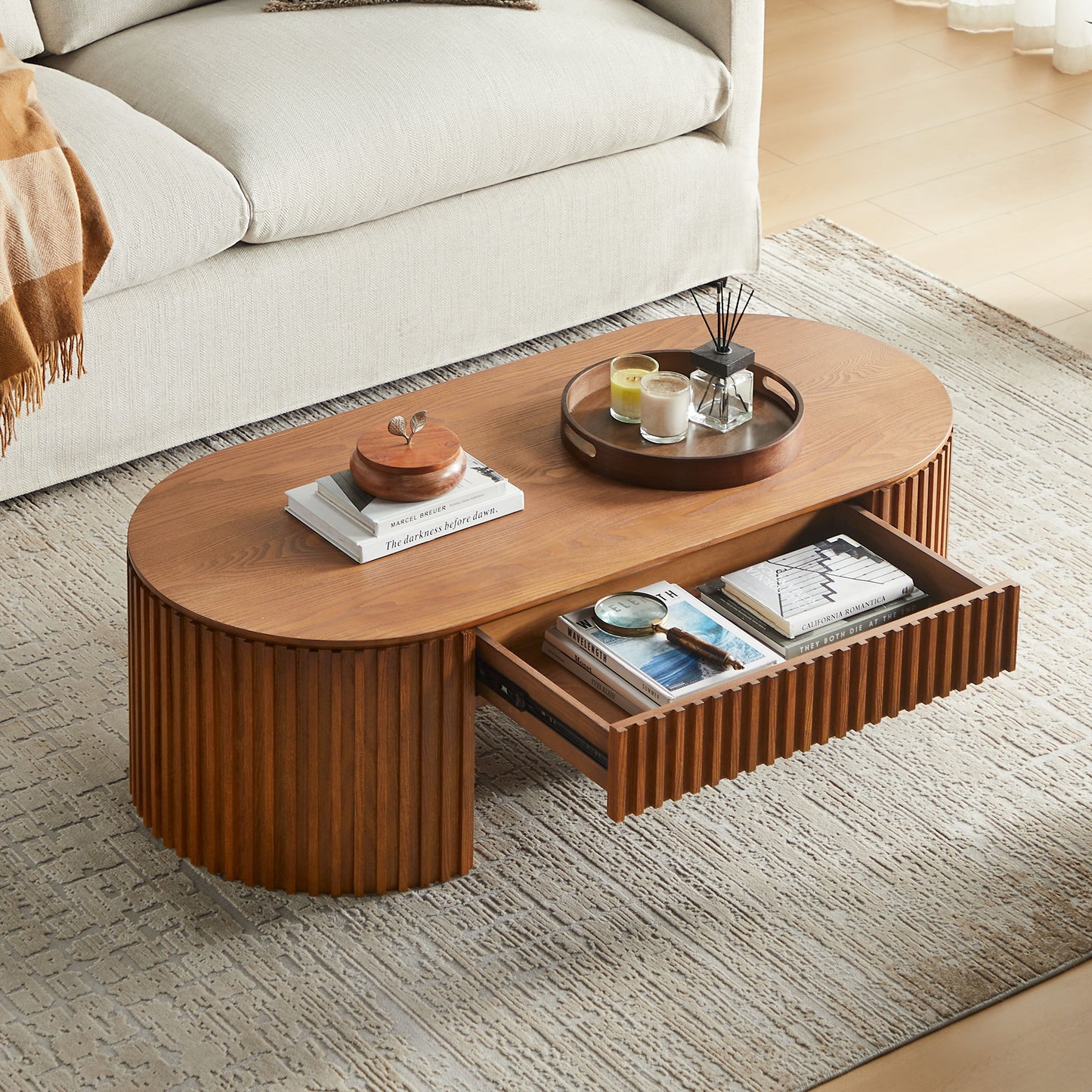 51.18   Oval Wood Coffee Table With Drawer  Mid Century Modern Coffee Table Unique Coffee Table For Living Room Furniture, Tea Table Brown