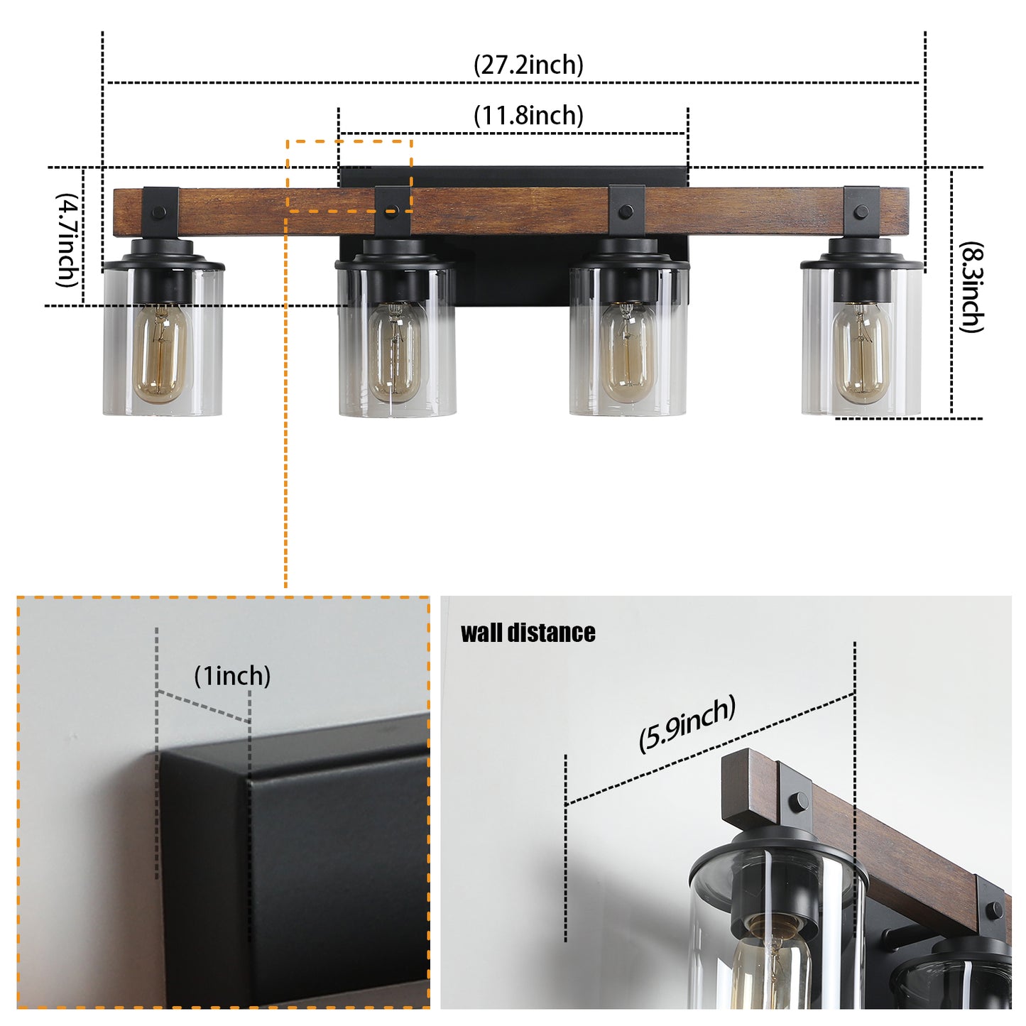 27in  Rustic 4-Light Vanity Light, Industrial Bathroom Wall Sconce With Glass Shades And Wood Accent, Modern Farmhouse Lighting Fixture  No Bulbs