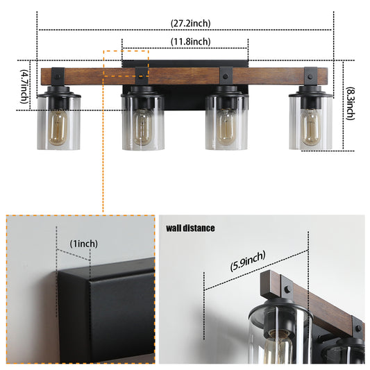 27in  Rustic 4-Light Vanity Light, Industrial Bathroom Wall Sconce With Glass Shades And Wood Accent, Modern Farmhouse Lighting Fixture  No Bulbs