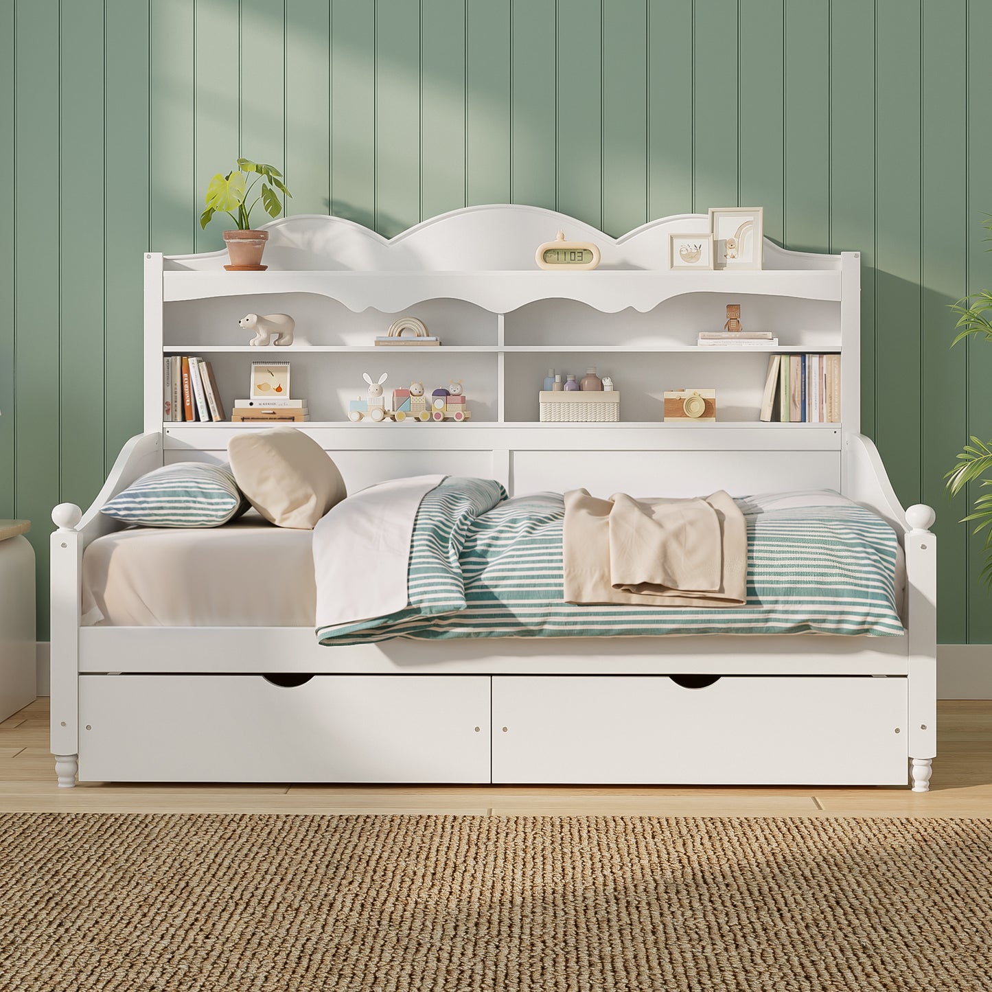 Twin Daybed With Storage Drawers, Wooden Twin Day Bed With Storage Headboard Shelving, Retro Style Daybed For Bedroom,Living Room,Guest Room,No Box Spring Needed, Easy Assembly, White