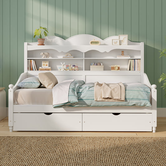 Twin Daybed With Storage Drawers, Wooden Twin Day Bed With Storage Headboard Shelving, Retro Style Daybed For Bedroom,Living Room,Guest Room,No Box Spring Needed, Easy Assembly, White