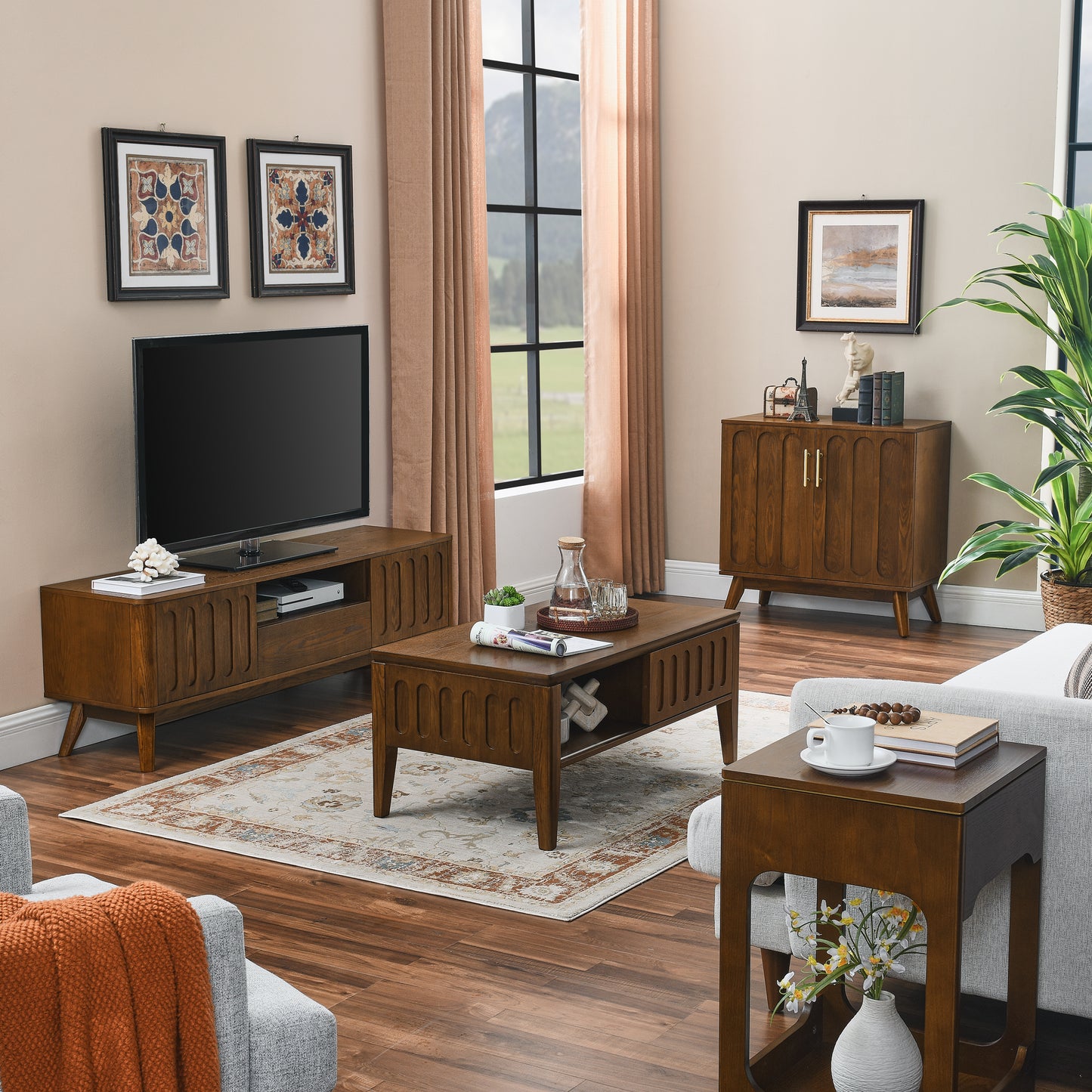 Mid Century Modern Fluted Sideboard Cabinet With Adjustable Shelves & Solid Wood Legs, Buffet Cabinet With Storage, Walnut Storage Cabinet For Living Room, Entryway, Hallway, Dining Room, Kitchen