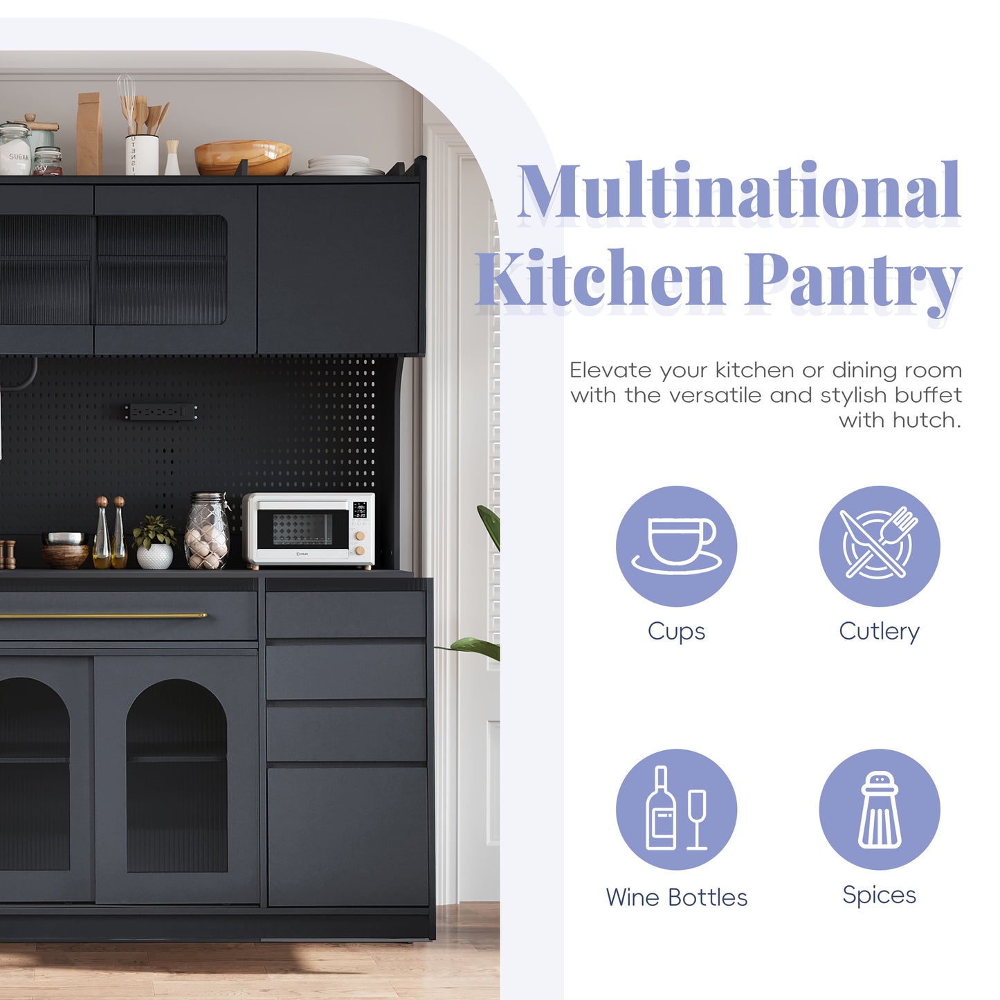 TOPMAX Freestanding 63 W Buffet With Hutch, Large Coffee Bar Storage Cabinet With 6 Drawers, 5 Cabinets With Adjustable Shelves,Pegboard,Towel Rack, Power Outlet,Black
