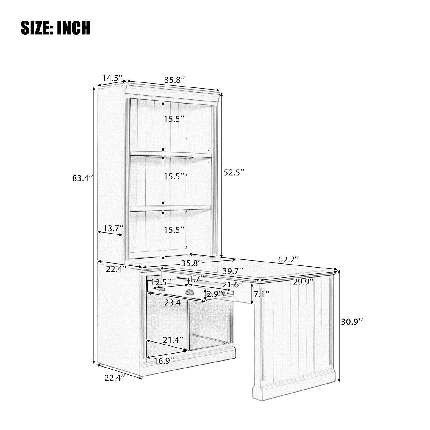 83.4Tall Bookshelf With Writing Desk, Modern Bookcase With Study Desk, Workstation With Storage Shelf,Storage Bookcase With Open Shelves And LED Lighting For Living Room,Home Office,White