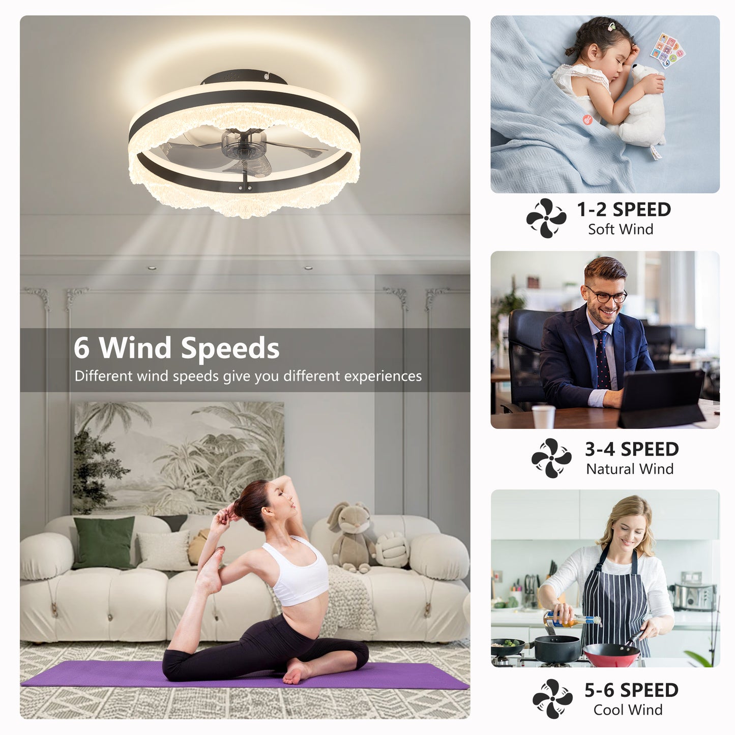 16 Quiet Ceiling Fan With Light  LED Crystal Flush Mount Fan Lamp With Hidden Blades And Natural Airflow, Perfect For Bedroom, Kids Room, Study Room