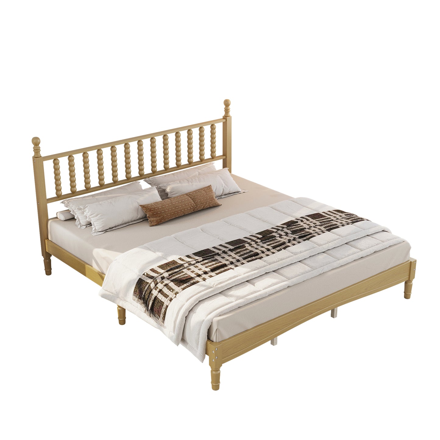 King Size Wood Platform Bed With Gourd Shaped Headboard,Retro Style Platform Bed With Wooden Slat Support,Natural