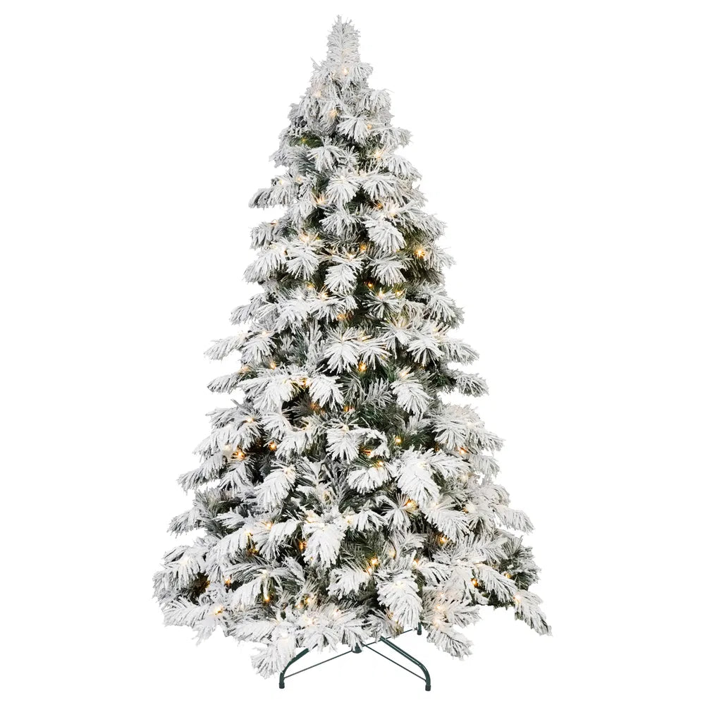 Artificial 5ft Flock LED-lit Christmas Tree With 375PE&PVC Mixed Branch Tips,Hinged Premium & Foldable Base For Indoor Holiday Decorating