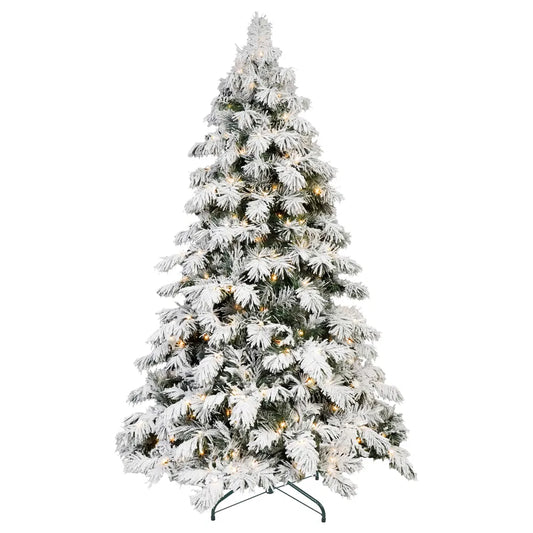 Artificial 5ft Flock LED-lit Christmas Tree With 375PE&PVC Mixed Branch Tips,Hinged Premium & Foldable Base For Indoor Holiday Decorating