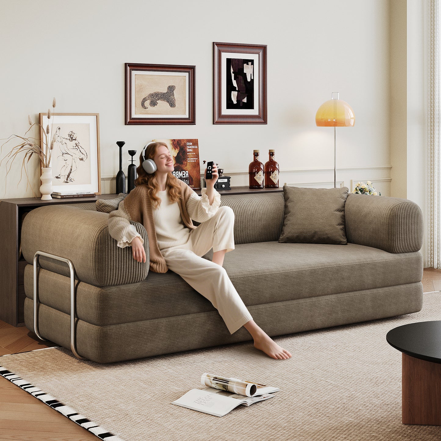 78.8 Compression Sofa,Convertible Floor Sofa Bed-with Pillow Back Support Armrest,Comfy Futon Couch Sleeper Bed,Loveseats Boneless Modular Sectional Sofa,Corduroy Fabric,for Living Room,Bedroom,Camel