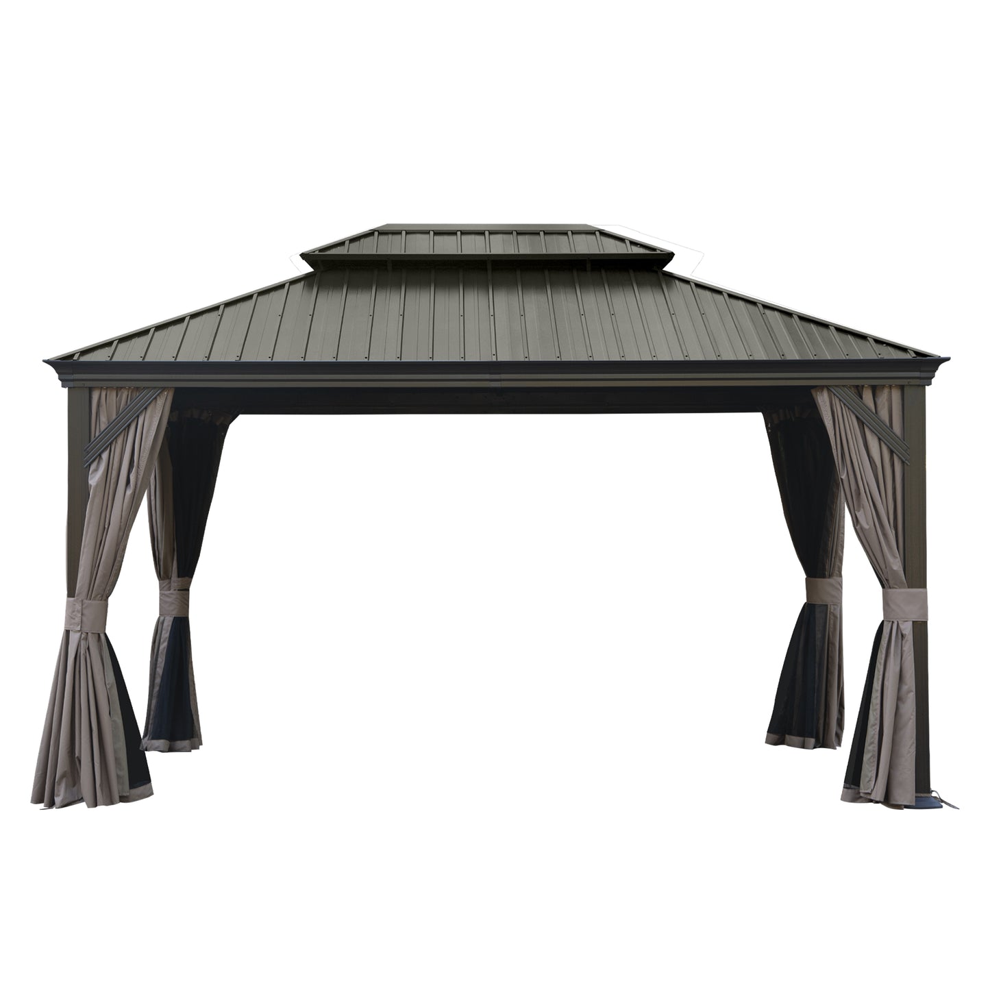 10  X 14  Hardtop Gazebo, Upgraded Metal Gazebo With Drainage System, Dual-Layer Galvanized Steel Roof, Curtain And Netting, Outdoor Shelter Canopy For Patio, Garden, And Backyard, Brown