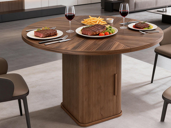 47in Dining Table Exquisite Round Table With 2 Storage Shelf Wood Slide Door And Wooden Base For Dining Room Home Kitchen Canteen