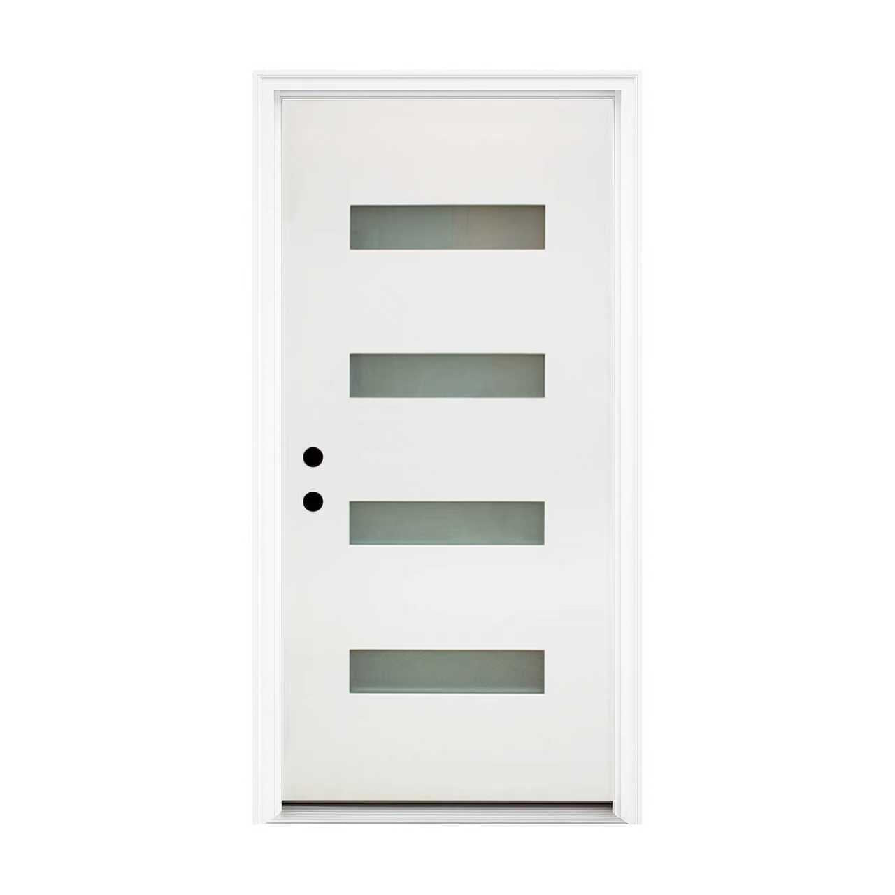 36 X 80 Fiberglass Entry Door, 4-Lite Frosted Glass - Contemporary Style For Home's Front Entrance, Right Hand Inswing, New Packaging 4-9-16 Vinyl Frame, White Finish Knock-Down Entry Door