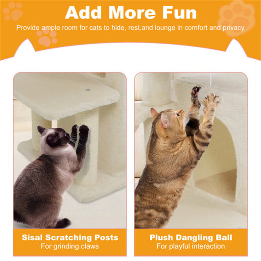 Beige 33.5inch Multi-Level Cat Tree With 2-Tier Condo, Sisal Scratching Posts & Anti-Toppling Device For Cats