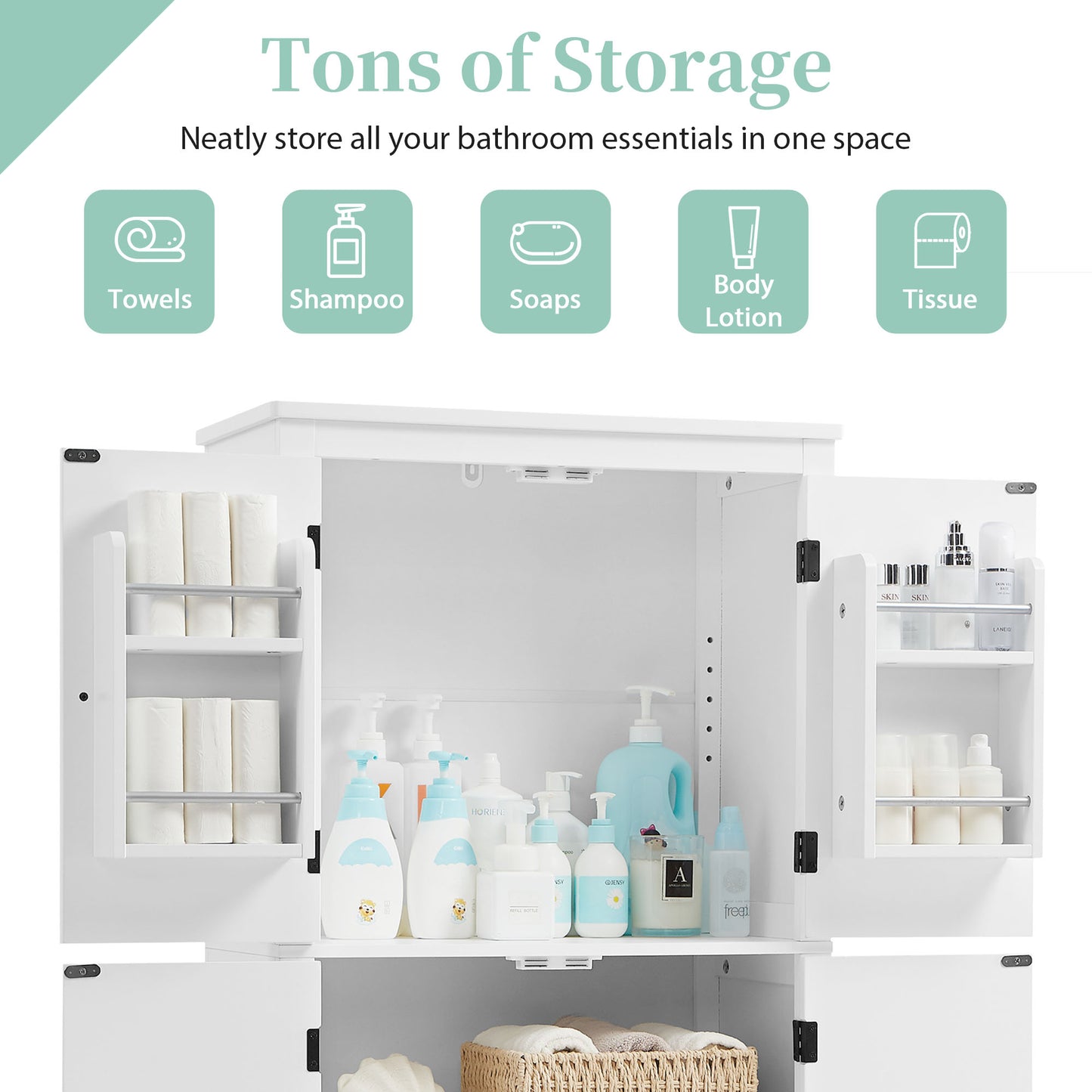 Elegant Bathroom Floor Storage Cabinet, Bathroom Storage Unit, Freestanding Cabinet With 4 Doors, Adjustable Shelves, Adaptable Shelves, White