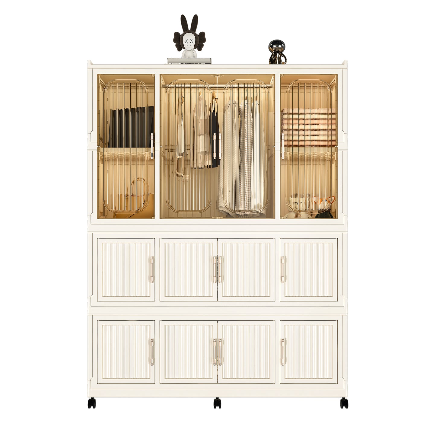 Portable Wardrobe Closet Storage Organizer For Clothes,Clothes Dresser,12 Magnetic Doors-12 Cubes & 1 Hanging Rod,6 Pcs Hangers , Baby Wardrobe Storage Cabinet,White